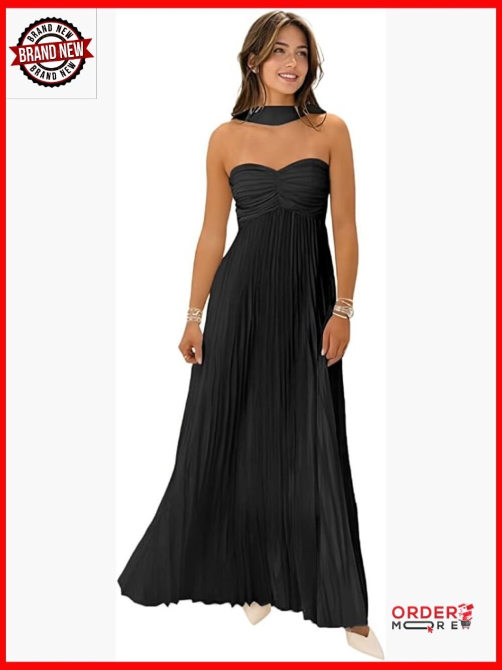 Strapless Flowy Maxi Formal Evening Gown with Scarf Satin